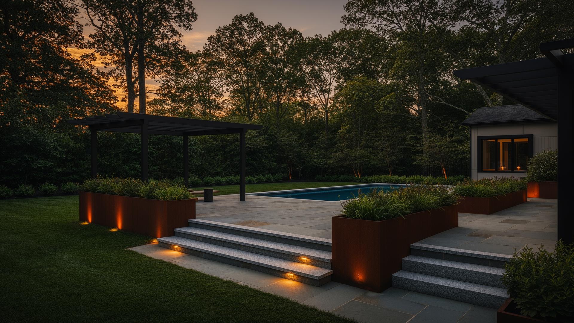 Modern New England outdoor living space at dusk